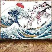 MERCHR Japanese Wave Wall Tapestry, Cool Ocean Wave Decoration, Asian Anime Mount Red Sun Cherry Blossom - 60x40 Inches
