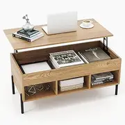 [Giantex] Lift Top Coffee Table, Rising Center Table with Large Hidden Compartment, Lifting Tabletop and 3 Open Cubbies, Cocktail Snack Table with Large Storage, Modern Living Room Table, Natural