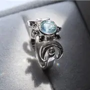 9 Blue Crystal Triple Moon Crescent Moon Witch Wicca Pagan Magic Silver Ring Gift