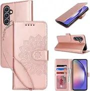 Cavor Wallet Case for Samsung Galaxy A54 5G 6.4'' PU Leather Case Magnetic 3D Embossed Flower Women Flip Kickstand with Card Holder Wristlet Hand Strap Protective Cover-Flower Rose Gold