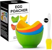 YEEJA Egg Poacher - Perfect Poached Egg Maker, Food Grade Non-Stick Silicone Poaching Cup for Microwave or Stovetop, With Extra Silicone Oil Brush, Pack of 4