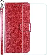 LCEHTOGYE Cover for Motorola Edge 40 + HD Tempered Glass,Shell PU BracketBumper Protective Back Case - Anti-Scratch Screen Protector for Motorola Edge 40-YSSF - Red