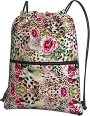 EdWal Animal Tiger Leopard Print Rose Flower Print Drawstring Backpack Gym Bags Sports Bags With Zipper Pocket For Travel Beach, Black, One Size