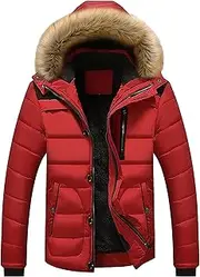[Gsywaipei] Men's Warm Lined Puffer Jacket Down Jackets Male Fur Removable Hood Windproof Zip Up Insulated Puffy Coat, Red, Large