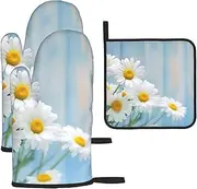 3 pcs Oven Mitts and Pot Holders Set 500°F Heat Resistant Oven Gloves and Hot Pads Kitchen Mittens Elegant Spring Daisy Flowers Cooking Gloves Potholders for Baking Grilling
