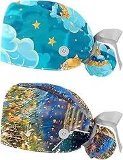 [YTYVAGT] 2-Pc,Nurse Scrub Caps,Scrub Hats with Buttons and Cotton Sweatband,Cartoon Dog Good Night