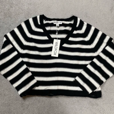 Wildfox Women’s Large Knit Black White Striped Pullover V Neck Sweater NWT