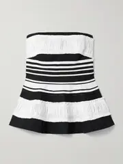[Christopher John Rogers] Christopher John Rogers - Strapless Striped Taffeta And Grosgrain-trimmed Cotton And Silk-blend Twill Peplum Top - Multi - US6 US 6 Multi