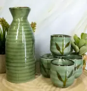 Ebros Japanese Design Porcelain Wetlands Reed Rice Wine Sake Flask W/ 4 Cups Set