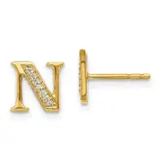Solid 14k Yellow Gold Simulated CZ Initial N Earrings