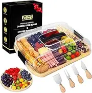 Travel Charcuterie Board with Lid, Portable Charcuterie Cheese Board To Go with Cover 7 Compartments, 2 Sided Bamboo Charcuterie Box Serving Board with Round Fruit Tray for Picnic Traveling Party