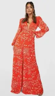 NWT Boohoo Printed Orange Wide Leg Jumpsuit Size 10 Cut Out
