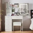 Dressing Table Makeup Vanity Table Set w/ slide Mirror & Vanity Stool & 6Drawers