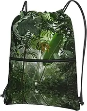 EdWal Tropical Rainforest Jungle Scene Print Drawstring Backpack Gym Bags Sports Bags With Zipper Pocket For Travel Beach, Black, One Size