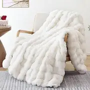 Luxury Faux Rabbit Fur Bubble Blanket Throw, 130x160cm Soft Cozy Fleece Blanket for Sofa Bed Couch, Plush Fuzzy Flannel Decorative Throw Blanket,White