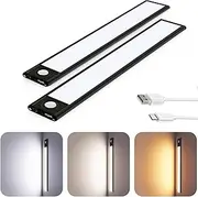 Under Cabinet Light, 2 Pack Motion Sensor Lights, USB Rechargeable LED Strip Lights Night Lighting Bars with Large Capacity Battery Operated for Home Kitchen,20cm, Black