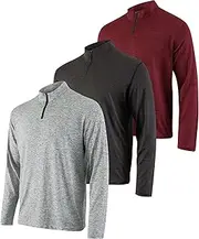 [Real Essentials] 3 Pack: Men's Dry-Fit Active Quarter Zip Long Sleeve Athletic Performance Pullover (Available in Big & Tall)