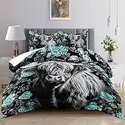 Raphus Cucullatus Highland Cow Flower Comforter - Bull Cattle Bedding, Cow Print Queen Size, Western Bed, Ustic Farmhouse Quilt