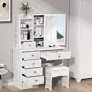 Modern White Makeup Vanity Table with 6 Drawers and Open Shelves Wooden Dressing Table with Mirror for Bedroom