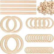 93 Pcs Macrame Kit Includes 4pcs Macrame Wooden Sticks 34pcs Wooden Rings Circles 55pcs Wood Beads Unfinished Wood Rings Beads Sticks for Macrame Wall Hanging Craft DIY Plant Hangers Crafts Knitting
