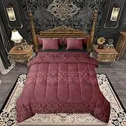 Erosebridal Gothic Twin Comforter Set 7 Pcs Burgundy Moth Goth Bed in A Bag with Sheets Vintage Damask Boho Bedding Comforter Sets for Kids Adults,Victorian Bohemian Floral Animal Bed Set