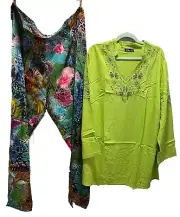 NWT PHOOL Plus 22W Pant Set -Lime Top w/ Elastic Waist Multi-Print Pants Rayon