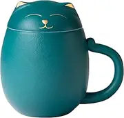 HEER Ceramic Tea Mug with Infuser and Lid, Cute Cat Tea Cup with Filter for Steeping Loose Leaf, Chinese Handmade Porcelain Teacup for Home Office. (Green)