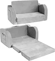 Kids Sofa Fold Out Toddler Sofa Chairs Children's 2 in 1 Convertible Sofa to Lounger Flip Open Toddler Couch Armrest Chair Bed for Boys Girls Grey