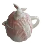 Victorian Trading White Rabbit Pink Cabbage Teapot 19C