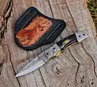 Handmade Engrave Black horn Damascus Steel Pocket Knife Folding Hunting Camping