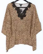 Robert Louis Women’s XL Leopard Print Top Beige Black Tunic Crochet Detail