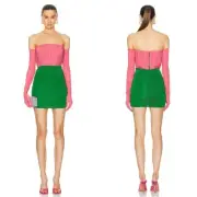 Alex Perry Ruched Strapless Jersey Pink and Green Mini Dress with Gloves Size 6
