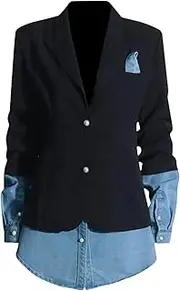 [Zadaos] Women's Blazer Denim Patchwork Contrast Color Single-Breasted Notched Fashion Suit Jackets