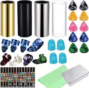 4 Medium Guitar Slides for Acoustic & Electric, Stainless Steel & Glass. Includes 5 Guitar Picks & 8 Plastic Thumb & Finger Picks