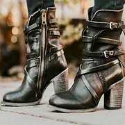 Women's Black Faux Leather Ankle Boots with Zipper and Strap Detailing, Stylish Mid-Heel Boots for Casual and Western Wear