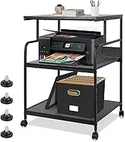 Large Printer Stand with Adjustable Storage Shelf, 3 Tier Printer Cart with Wheels, 23.6 x18.9 x 29.5 inches Prin TER Stand for Home Office, Stands for Heat Press Scanner Fax, Industrial Style, Black