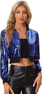 [Allegra K] Women's Halloween Sparkly Jackets 2024 Party Crop Sequin Bomber Jacket