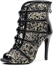 [SWDZM] Women's Latin Dance Shoes Mesh Peep Toe Salsa Ballroom Lace-up Ankle Dance Boots,Model L445