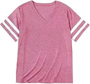 [Generic] Women Straped Printed Mock Neck Pack T Shirt Crewneck Solid Color Striped Trim Short Sleeve Top Stretchy Shirts for Women