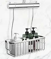 Hanging Shower Caddy for Bathroom Organizer, Over The Shower Mixer Taps Hanging Shower Shelf Without Drilling, Bathroom Caddy & Basket with 2 Hooks, Toiletries Organizer for Bathroom Storage - Silver