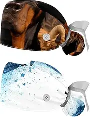 [YTYVAGT] 2-Pc,Nurse Scrub Caps,Scrub Hats with Buttons and Cotton Sweatband,Basket and Black Dog