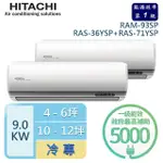 【HITACHI 日立】4-6坪+10-12坪 R32一級能效變頻冷專一對二分離式冷氣(RAM-93SP/RAS-36YSP+RAS-71YSP)