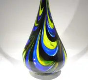 HAND BLOWN GLASS ART SCULPTURE, DIRWOOD, BLACK, BLUE, LEMON YELLOW, WHITE, n3701