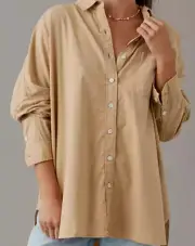 American Eagle Go Big Oversized Womens Top Blouse S Camel Button Up Casual NEW
