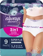 Always Discreet Incontinence Underware, Super Plus Medium, 9 Pack