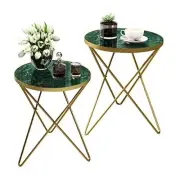 Modern Round Side Table Set of 2, End Table with Marble Effect Top and Gold