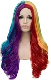 Tsnomore Long Wavy Curly multicolor wig rainbow wig Full Hair WigCosplay Party (Rainbow color)