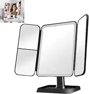 FTTFFLL Smart Mirror, Smart Makeup Mirror 2X 3X 10x Touch Screen dimming, Smart Trifold Dressing Table, LED Trifold Makeup Mirror Magnification, 180° Rotating Makeup Mirror with Light