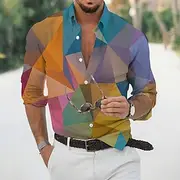 Men's Geometric Pattern Geometry Shirt Button Up Shirt Long Sleeve Fashion Designer Casual Outdoor Casual Daily Fall Winter Turndown Print Button-Down Yellow