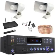 Pyle Home Audio Receiver, 2x 6'' 50W Horn Speakers, Wire, Microphone System
